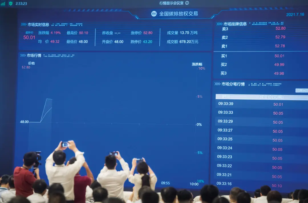 2021年7月16日，全國碳排放權(quán)交易市場上線交易啟動儀式以視頻連線形式舉行，在北京設(shè)主會場，在上海和湖北設(shè)分會場。圖/新華